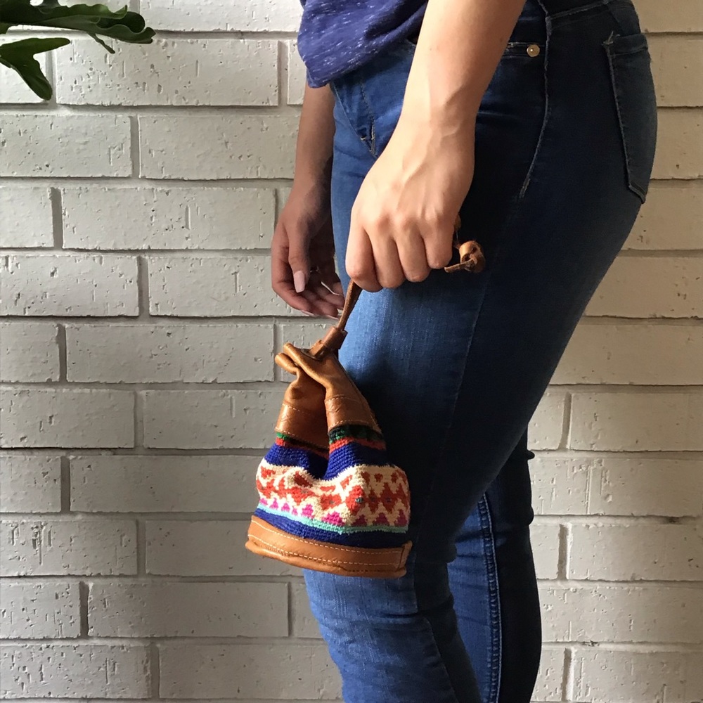 Woven Aztec Print Mini Leather Cinch Bag